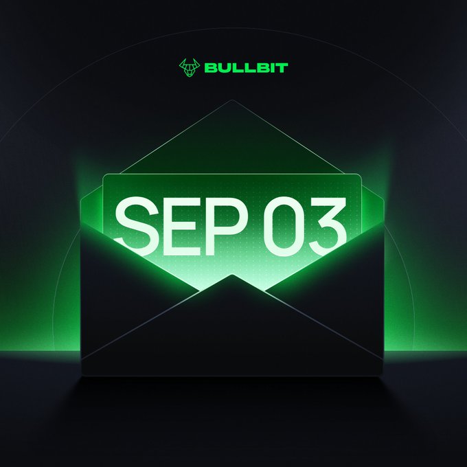 Dark green promotional graphic for 'BULLBIT' cryptocurrency, displaying a glowing envelope icon with 'SEP 03' written inside it, likely announcing a launch or event date.