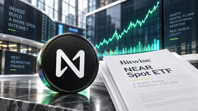A promotional graphic displaying the NEAR Protocol logo (a black coin with the NEAR symbol) alongside a document reading 'Bitwise NEAR Spot ETF' and a stock chart showing an upward trend, with text about investing and next-generation finance.