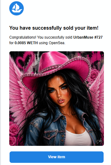 An OpenSea notification confirming the successful sale of NFT 'UrbanMuse #727' for 0.0085 WETH, featuring artwork of a woman with a pink cowboy hat and angel wings.