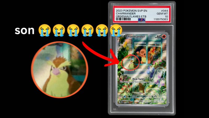 A social media post showing a PSA-graded '2023 POKEMON SVP ENB CHARMANDER OBSIDIAN FLAMES ETB' card (graded GEM MT 10) with crying emojis and the word 'son', highlighting a small printing defect on the card with a red arrow and zoomed circle.