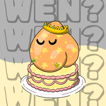 A digital illustration features a peach-colored, blob-like character wearing a golden crown and star patterns, resting atop a layered cake with pink scalloped icing, with 'WEN?' text faintly visible in the background.