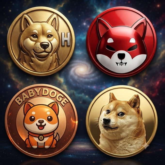 Four coin-style digital illustrations feature dog mascots representing cryptocurrency projects: a golden Shiba Inu labeled "H" (Hachiko), a red Shiba (ShibaInu), an orange cartoon puppy marked "BABYDOGE," and a realistic Shiba Inu ($Doge), all displayed against a cosmic background to represent the four tokens being compared in the loyalty and transparency poll.