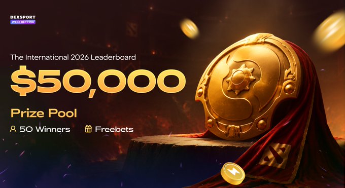 The image promotes Dexsport’s “The International 2026 Leaderboard,” featuring a $50,000 prize pool, 50 winners, and freebets alongside a golden tournament trophy. It highlights the live competition where the top 50 bettors share $50K, with $20K awarded to first place at go.dexsport.io/ti2026.