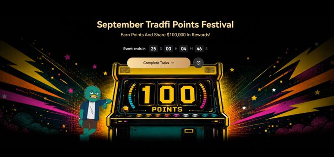 A digital banner for a 'September TradFi Points Festival' showing an arcade machine displaying '100 POINTS' with a countdown timer and a 'Complete Tasks' button.