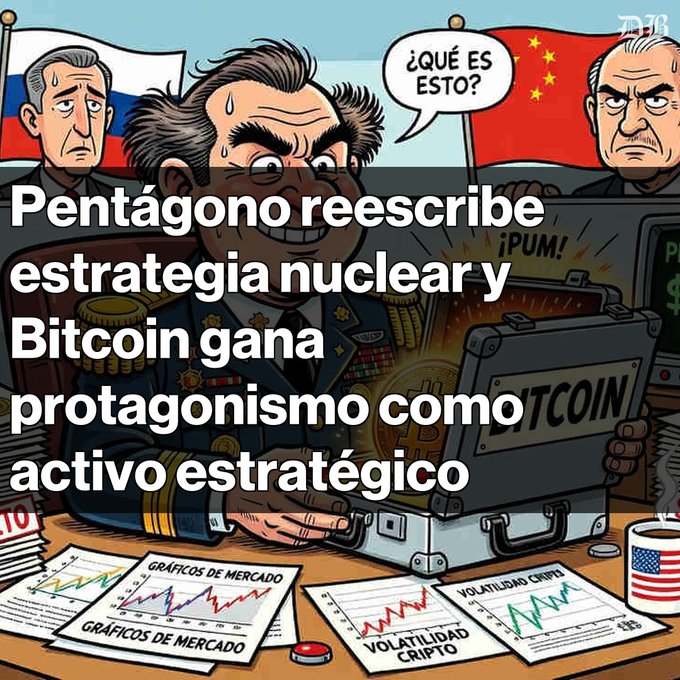 A Spanish-language cartoon showing military figures (with Russian and Chinese flags) looking shocked, with text reading 'Pentágono reescribe estrategia nuclear y Bitcoin gana protagonismo como activo estratégico'.