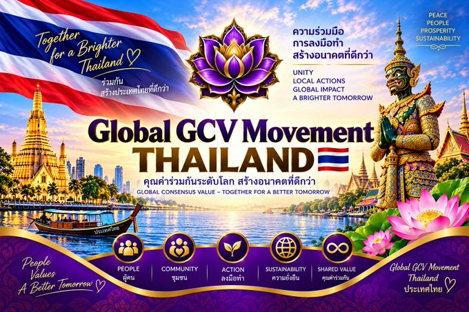 A promotional banner for "Global GCV Movement Thailand" featuring the Thai flag, a lotus emblem, iconic Thai imagery including temples and a guardian statue, with themes of "Unity, Local Actions, Global Impact, A Brighter Tomorrow" and icons representing People, Community, Action, Sustainability, and Shared Value. The accompanying official statement disclaims any financial or fundraising involvement by the organization, clarifying that the image is a branding/movement graphic rather than a fundraising appeal.