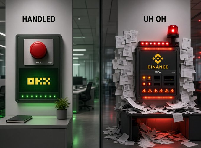 A split comparison image showing OKX with a calm green-lit control panel labeled 'HANDLED' on the left, versus Binance with a chaotic machine spewing red alerts and papers labeled 'UH OH' on the right.