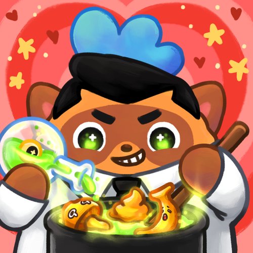 The image features a cartoon raccoon wearing a chef's hat, holding a pot with food inside of it. The raccoon appears to be cooking something, possibly fish or chicken, as there are several pieces of food visible in the pot. The background is filled with stars and hearts, creating a festive atmosphere around the raccoon. There is also text that reads "I see a lot of posts pointing out that RON drop is caused by @Moku_HQ funding the prize pool... Well I am @Moku_HQ community.. I approve USDC. Next time I tell @Hantao go max on the slider."