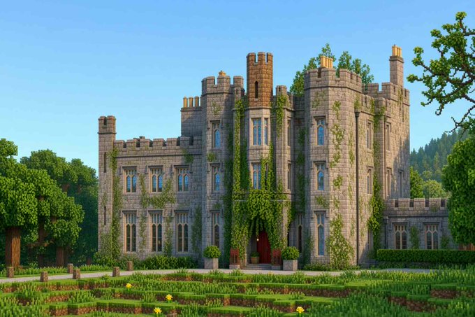 A detailed 3D render or video game screenshot depicts a large stone castle covered in ivy with manicured gardens in the foreground.