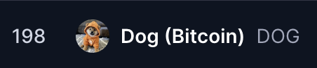 A dark-themed graphic displaying '198 Dog (Bitcoin) DOG' with a Shiba Inu dog icon, referencing the Dogecoin cryptocurrency.