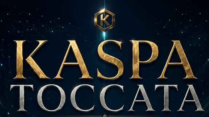 A graphic displays the text 'KASPA TOCCATA' in gold and silver lettering with a hexagonal 'K' logo on a dark background.