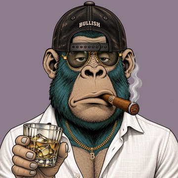An illustrated cartoon gorilla wearing a black cap that says 'BULLISH', sunglasses, and a gold chain, smoking a cigar while holding a glass of whiskey.