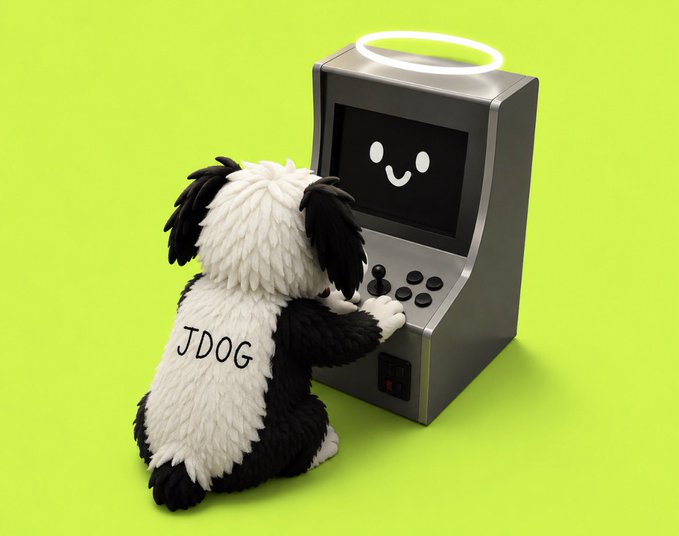 A fluffy black-and-white dog mascot labeled "JDOG" sits at an arcade machine with a glowing halo and smiling screen, appearing to "play" or interact with the system—visually reinforcing the post's claim that $JDOG is "making history" as the first MEME/NVDA pairing on printer.fun.