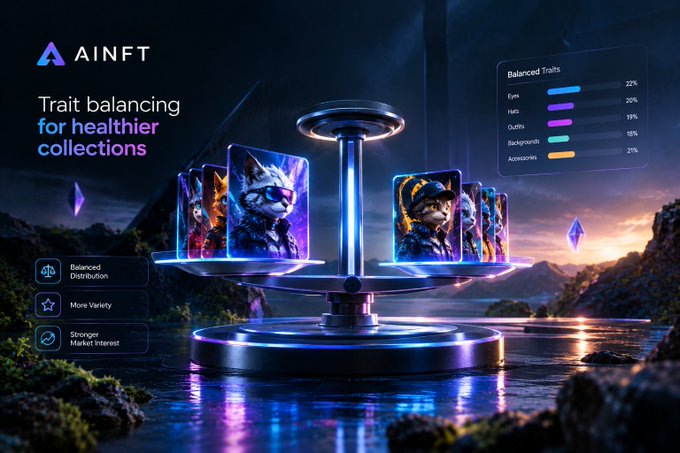 A promotional graphic for 'AINFT' advertises 'Trait balancing for healthier collections,' featuring futuristic armored cats on display pedestals. A side panel details 'Balanced Traits' including Eyes (22%), Hats (20%), Outfits (19%), Backgrounds (18%), and Accessories (21%).