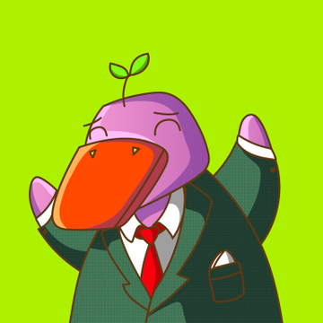 A cheerful cartoon duck in a suit and red tie with a small plant sprout on its head, set against a green background.