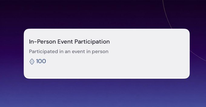 Achievement card on a purple background displaying 'In-Person Event Participation' with the description 'Participated in an event in person' and a diamond icon showing a value of 100.