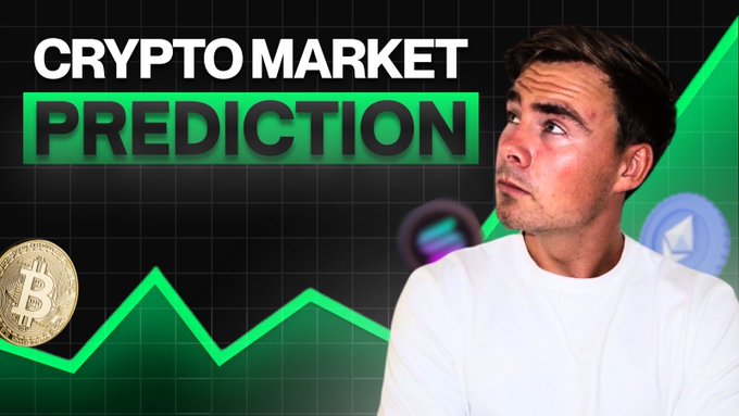 The image features a man wearing a white shirt, looking up at something above his head with a serious expression. The background of the image has a black and green color scheme, which includes a graph that shows a downward trend for Bitcoin prices over time. The text "CRYPTOCURRENCY MARKET Prediction" is written in white letters above the man's head, and there are two Bitcoins displayed on either side of him.