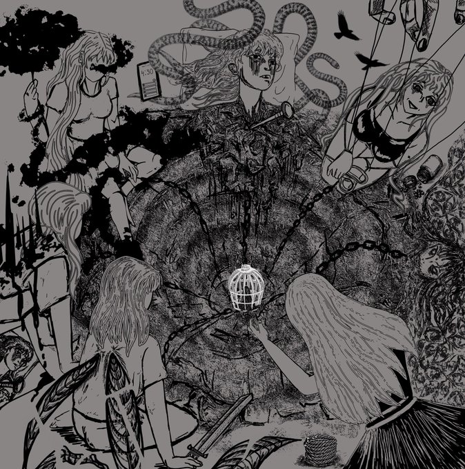 A detailed black and white illustration showing multiple figures gathered around a central glowing cage, with snakes, birds, and chains in a dark fantasy scene.