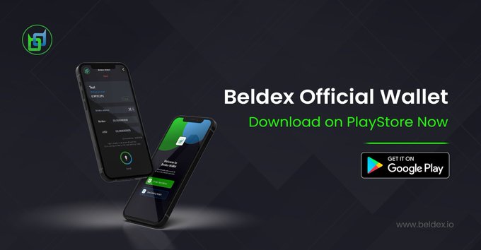 Promotional image for 'Beldex Official Wallet' showing two smartphones with the app interface, a 'Download on PlayStore Now' message, and the website 'www.beldex.io'.