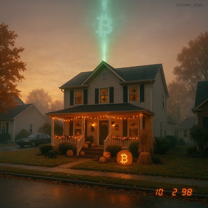 An illustration shows a suburban house decorated for Halloween, with a glowing green Bitcoin symbol beaming down from the sky and a carved Bitcoin pumpkin on the lawn.