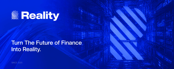 Promotional graphic with a blue background and server room imagery, featuring the 'Reality' logo and the tagline 'Turn The Future of Finance. Into Reality.' since 2021.