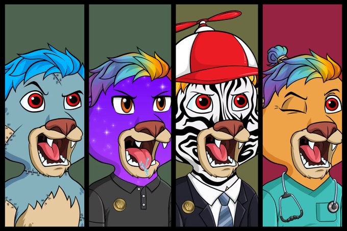 A four-panel illustration of cartoon NFT-style character variations: a blue zombie-like dog, a purple cosmic dog, a zebra in a suit with a propeller hat, and an orange dog doctor winking, each with a Bitcoin logo button.