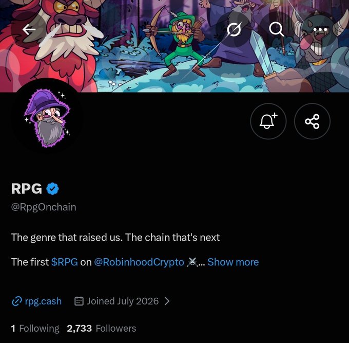A Twitter/X profile page for 'RPG' (@RpgOnchain), verified, with bio text 'The genre that raised us. The chain that's next' and 'The first $RPG on @RobinhoodCrypto', joined July 2026, with 2,733 followers.