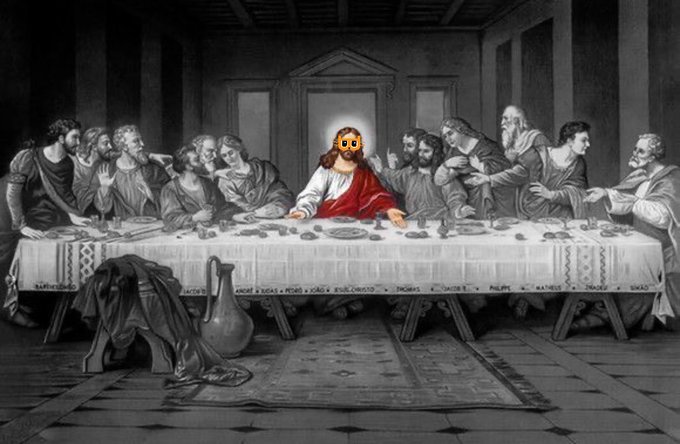 A grayscale reproduction of Leonardo da Vinci's 'The Last Supper' with a digitally edited face, featuring a cartoonish orange beard on the central figure (Jesus).