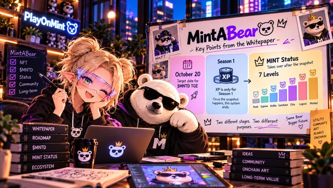 An anime-style illustration promotes 'MintABear' with key points from the whitepaper, featuring a blonde character and a teddy bear mascot alongside a checklist of NFT, $MNTD, Status, Community, and Long-term.