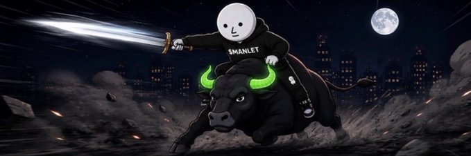 A cartoon illustration features a character with a white skull face riding a black bull with glowing green horns, wearing a hoodie labeled 'SMANLET' while wielding a sword against a nighttime cityscape with a full moon.