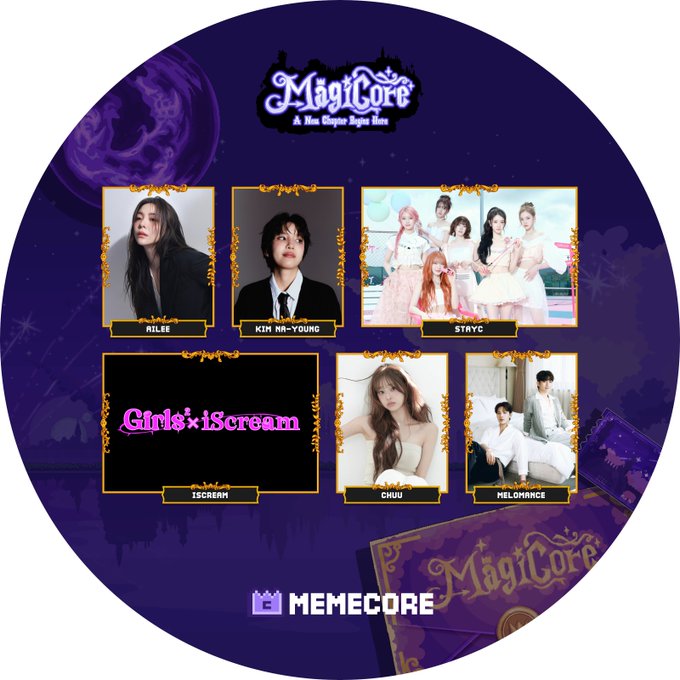 A promotional graphic for the "MagiCore" event featuring a lineup of artists including MILEE, KIM NA-YOUNG, STAYC, ISCREAM (Girls×1Scream), CHUU, and MELOMANCE, displayed against a purple cosmic background. The accompanying post announces that registration for the MAGICORE Stage Part #2 concert is now open, with the show scheduled for September 30 at the Garden Stage in Lotte World Adventure.