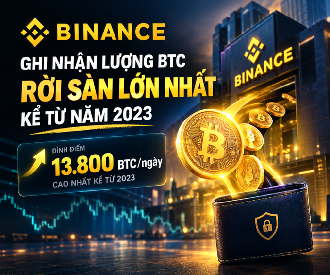 A Binance promotional graphic in Vietnamese announcing the largest BTC outflow since 2023, peaking at 13,800 BTC/day, featuring Bitcoin coins and a digital wallet.