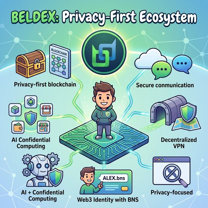 An infographic titled 'BELDEX: Privacy-First Ecosystem' showing a cartoon man on a circuit board, surrounded by features including 'Privacy-first blockchain', 'Secure communication', 'AI Confidential Computing', 'Decentralized VPN', 'AI + Confidential Computing', 'Web3 Identity with BNS', and 'Privacy-focused' browser.