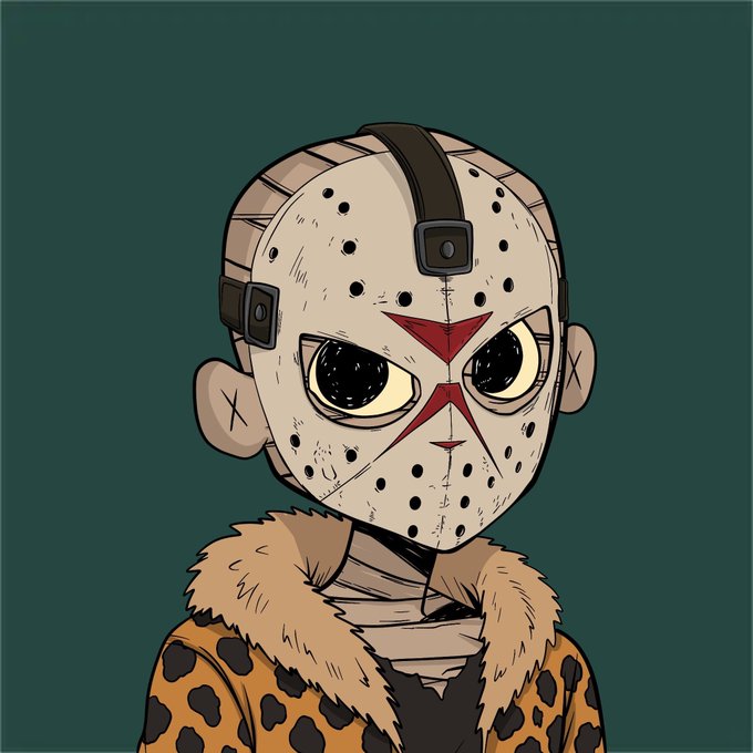 A digital illustration depicts a character wearing a hockey mask and leopard-print jacket with a fur collar.
