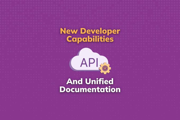A promotional graphic on a purple dotted background featuring an API cloud icon with a gear, advertising "New Developer Capabilities And Unified Documentation." The image visually reinforces the post's announcement about Pi Network's new local storage support and unified API documentation for developers.