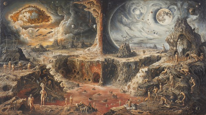 A surreal, apocalyptic fantasy painting depicts a cracked landscape with figures, a large tree, blood-red pools, and cosmic skies featuring the sun and moon.