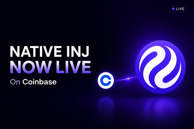 A promotional graphic announces "NATIVE INJ NOW LIVE On Coinbase" in bold white and purple text against a dark background, featuring the glowing purple Injective logo alongside the blue Coinbase "C" icon. The image visually confirms the milestone mentioned in the post—that native INJ is now directly supported on Coinbase's exchange.