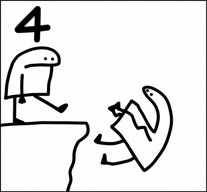 A minimal black-and-white line drawing shows a stick figure standing on a cliff edge next to the number "4," with a large fish leaping out of the water below toward it. The image humorously visualizes the post's reference to "BNB"—the fish being the BNB token—as it jumps to catch the bait, poking fun at the repetitive narrative that BSC (Binance Smart Chain) is supposedly "dead."