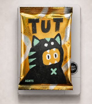 The image shows a collectible NFT card featuring a cute cartoon character in a black cat-eared hood with the name "TUT" prominently displayed at the top and "AGNTS" branding at the bottom, sealed in a plastic protective case. The card relates to the post as it depicts the user's newly minted Common tier NFT from the AGNT Social collection.