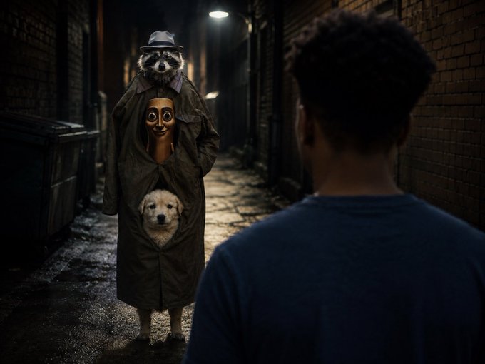 A raccoon in a hat and trench coat holds a wooden mask while a small dog emerges from beneath the coat, standing in a dimly lit alleyway facing a man in a blue shirt. The surreal, eerie scene captures a confrontation with an unusual "bull" reference, playing on the absurd, otherworldly creature appearing as if ready for a tense exchange.