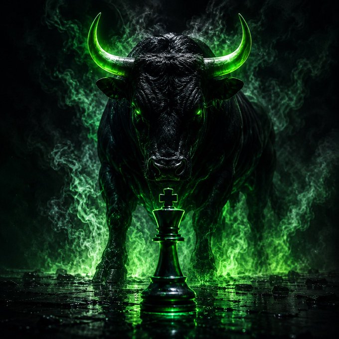 A dramatic digital artwork of a menacing black bull with glowing green horns and green eyes, surrounded by green flames and smoke, standing behind a black chess king piece with a cross on top.