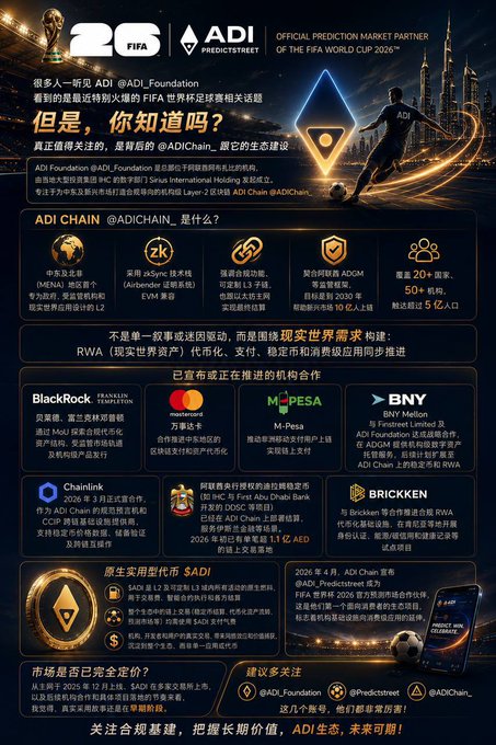 An infographic promoting ADI Chain (@ADIChain_) as the Official Prediction Market Partner of the FIFA World Cup 2026, detailing its ecosystem features including Middle East hub partnerships (MENA), ZK EVM technology, RWA tokenization with 20+ institutions and 50+ projects, and notable collaborations with BlackRock (BUIDL), Mastercard, M-Pesa, BNY Mellon (via Finstreet), Chainlink, OGC (Dubai), and Brickken, alongside a $1.1B AED partnership announcement and ADI token listing plans for April 2026. The image visually reinforces the post's message that ADI Foundation's underlying blockchain ecosystem—particularly the ADI Chain infrastructure with its diverse institutional partnerships and RWA focus—is the substantive value beyond its FIFA partnership association.