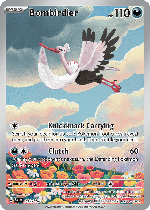 Pokemon trading card featuring 'Bombirdier' (HP 110, Darkness type, card 219/198) with attacks 'Knickknack Carrying' and 'Clutch', illustrated by Shibuzoh., from the Scarlet & Violet series.