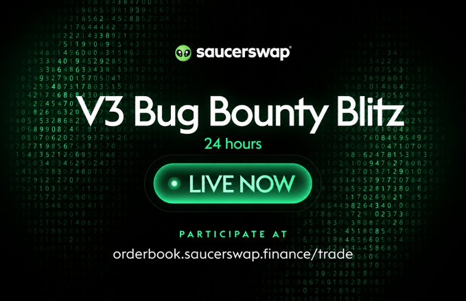The image is a screenshot of an advertisement for a bug bounty bounty. The main visual element is a green square with the word "V3 Bug Bounty Blitz" written above it. Below this, there's a small text that reads "Live Now", indicating that the bounty is live and open to accepting participants at the moment. The title of the post itself is "Sucerswap V3 Bug Bounty Blitz".