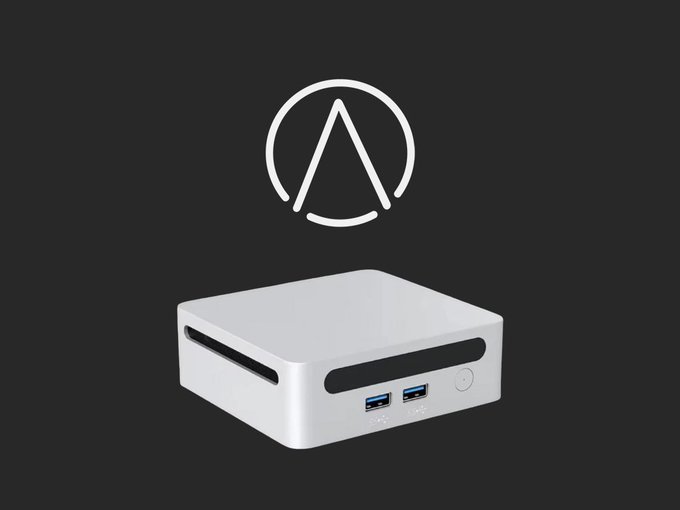 A sleek white mini PC with dual front USB ports sits beneath the circular Pleb (Lightning Network) node logo, visually representing the lightweight, energy-efficient node hardware referenced in the post about its minimal electricity consumption.