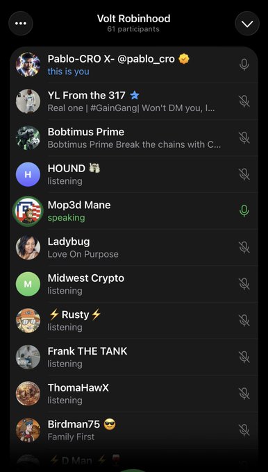 A Clubhouse room screenshot titled 'Volt Robinhood' with 61 participants, showing various users with names like Pablo-CRO X, YL From the 317, Bobtimus Prime, and others in listening or speaking status.