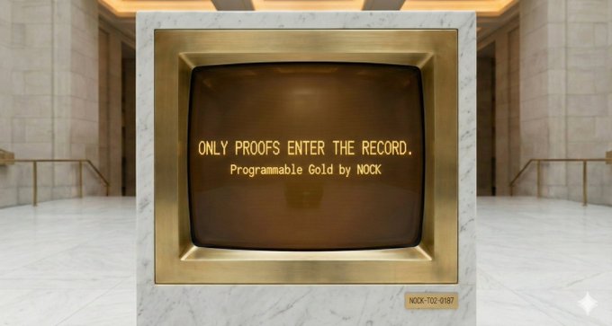 A golden-framed digital display in a marble hall reads 'ONLY PROOFS ENTER THE RECORD. Programmable Gold by NOOK' with a serial number 'NOOK-702-9197' at the bottom.