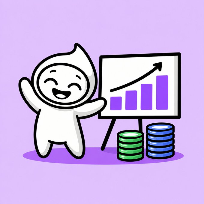 A cartoon illustration of a happy white mascot character with a hood pointing at an easel displaying a bar chart with an upward arrow, with stacks of green and blue coins beside it on a purple background.
