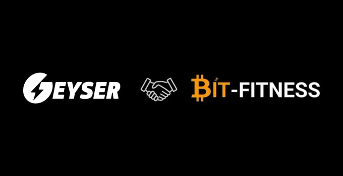 A black logo screen displaying 'GEYSER' with a lightning bolt icon next to a handshake graphic and the text 'BIT-FITNESS' with a Bitcoin 'B'.