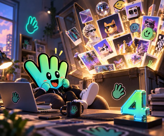 A cheerful green hand mascot lounges at a desk with a laptop and "4" trophy, surrounded by an explosion of meme imagery including cats, a disco ball, and a "4stonks" theme—all symbolizing Four's "home turf" victory in the BNB Chain leaderboard competition at address 0xd9a7c54aaa577a9f1ccca35a89e42ecb77e6ffff.